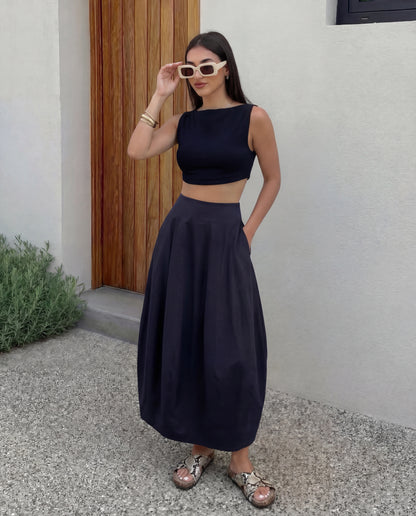 Black Crop Top and Cotton Skirt Summer Set
