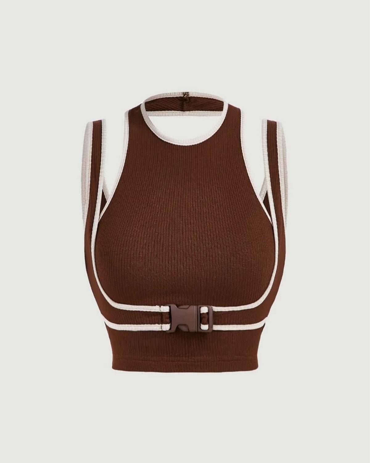 contrast-binding-buckled-tank-top-brown-oy1513,25010013GG52,topwear,tops,casual, vacation,bold, glam, streetwear,knitted,ribbed,brown,solid,slim fit,tank tops,crop,crew neck,shoulder strap,sleeveless,Color: Brown
Fabric: Ribbed
Fit: Skinny Fit 
Length: Crop
Neck: Crew Neck
Strap: Shoulder Strap
Print: Solid
Detail: Contrast binding and buckle in front,CONTRAST BINDING BUCKLED TANK TOP