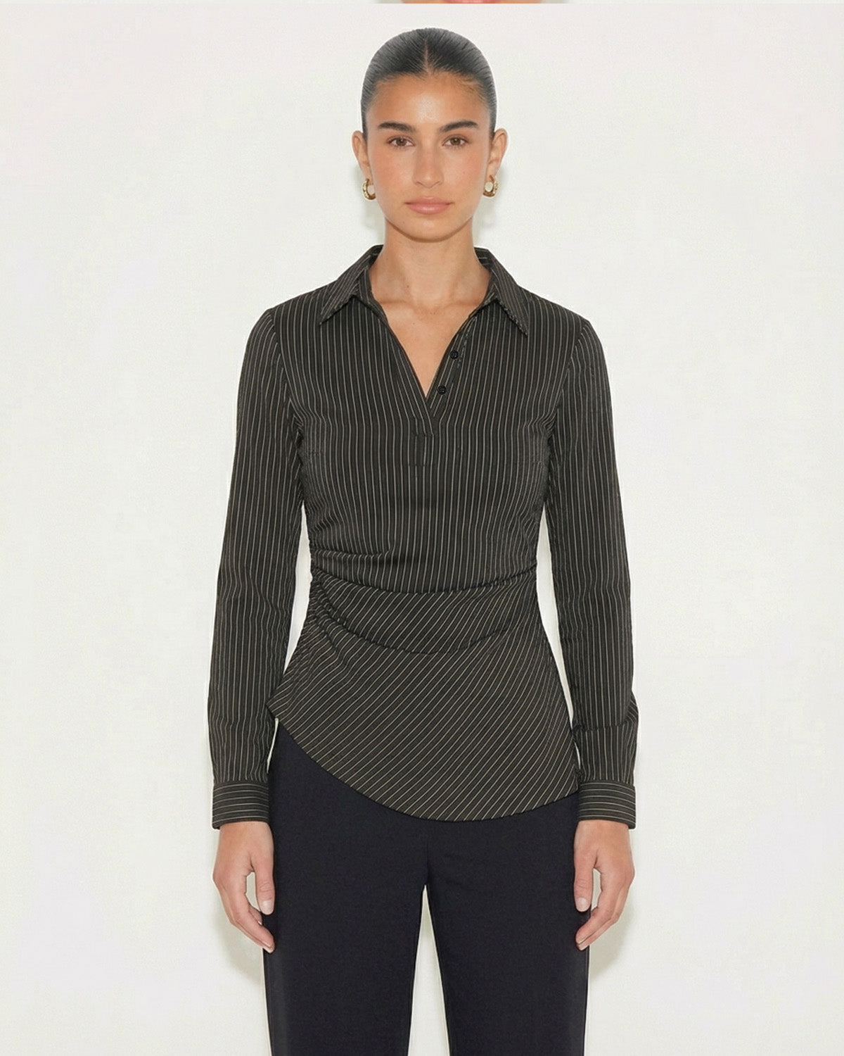 Black Pinstripe Asymmetric Hem Shirt