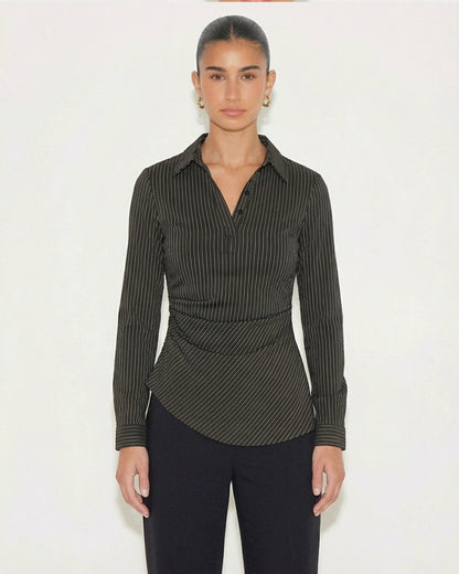 Black Pinstripe Asymmetric Hem Shirt