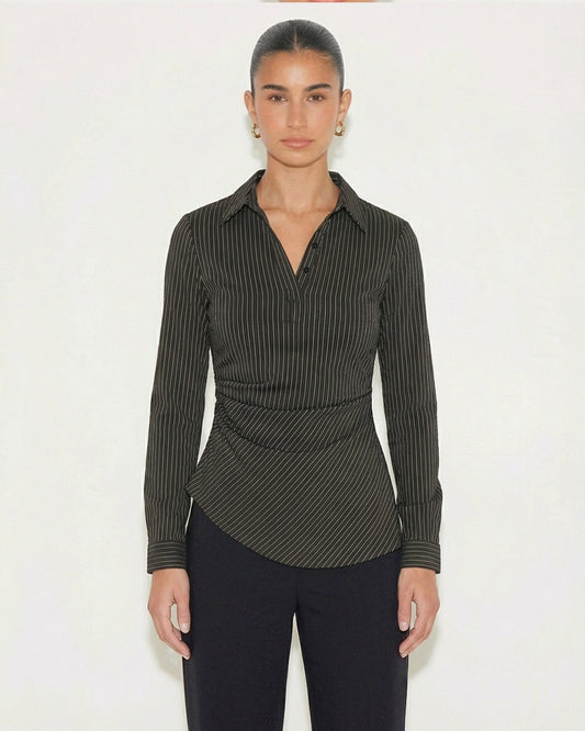 Black Pinstripe Asymmetric Hem Shirt