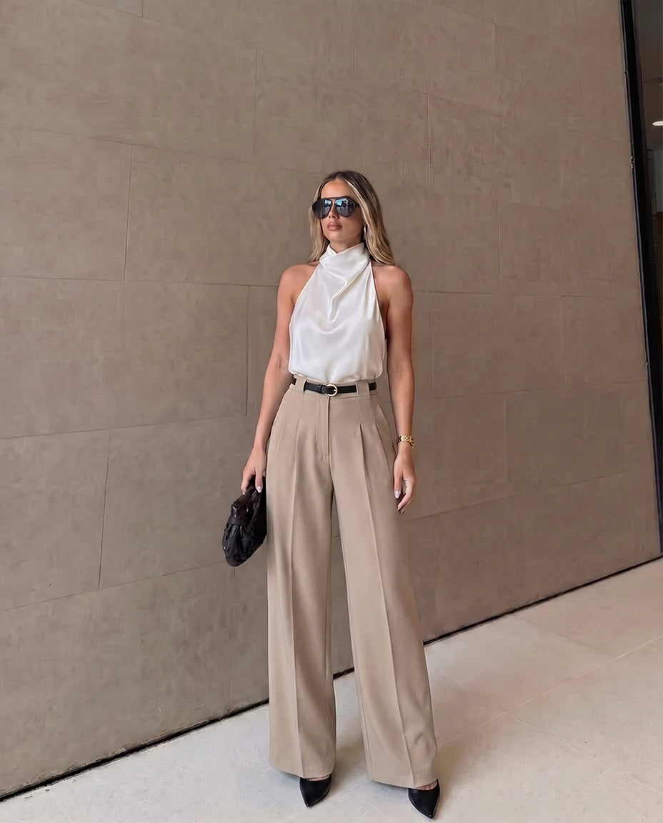 Pleated Pants With Belt -Beige