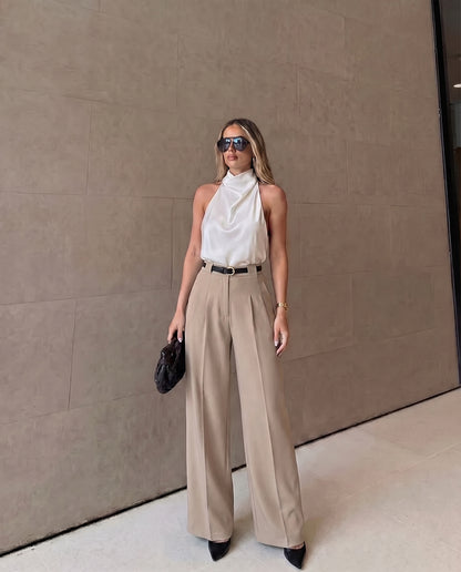 Pleated Pants With Belt -Beige
