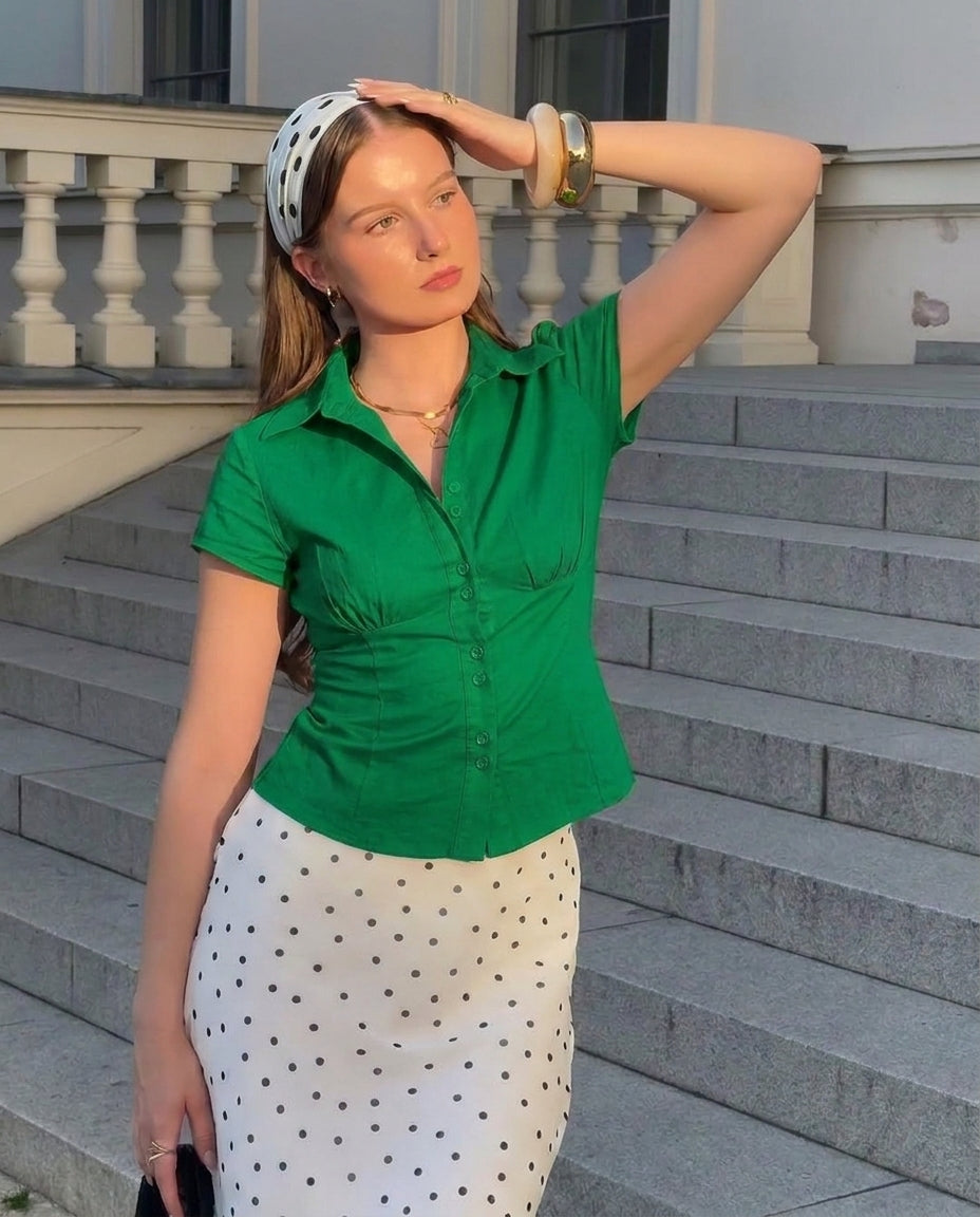 Green Waist Fitted Cotton Shirt