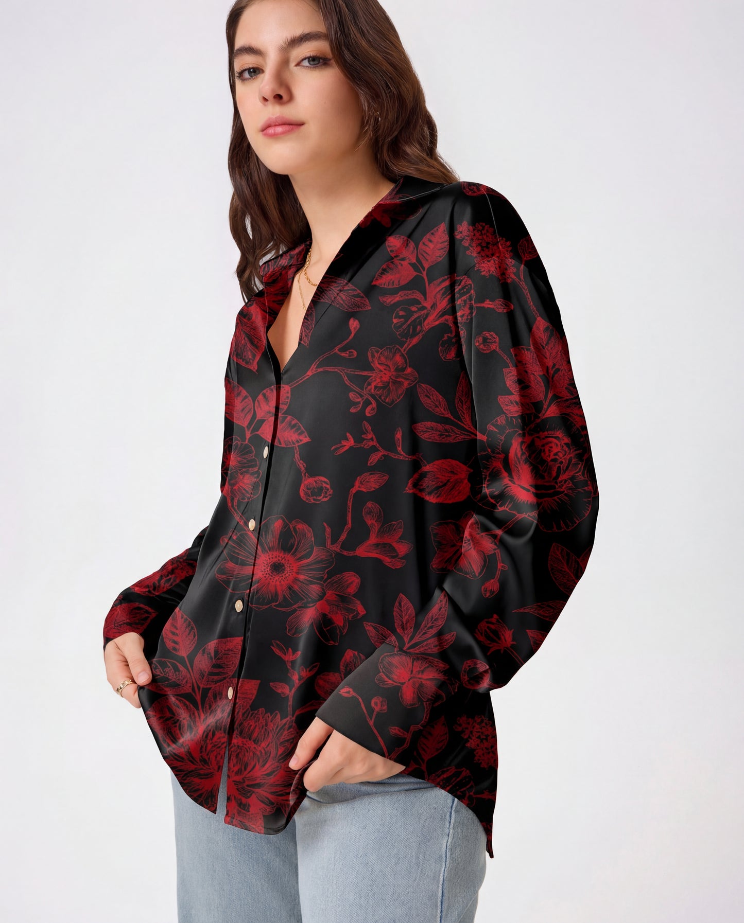 Deep Red Florals Satin Shirt