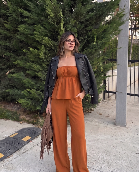 Burnt Orange Bandeau Top And Pants Co Ord Set