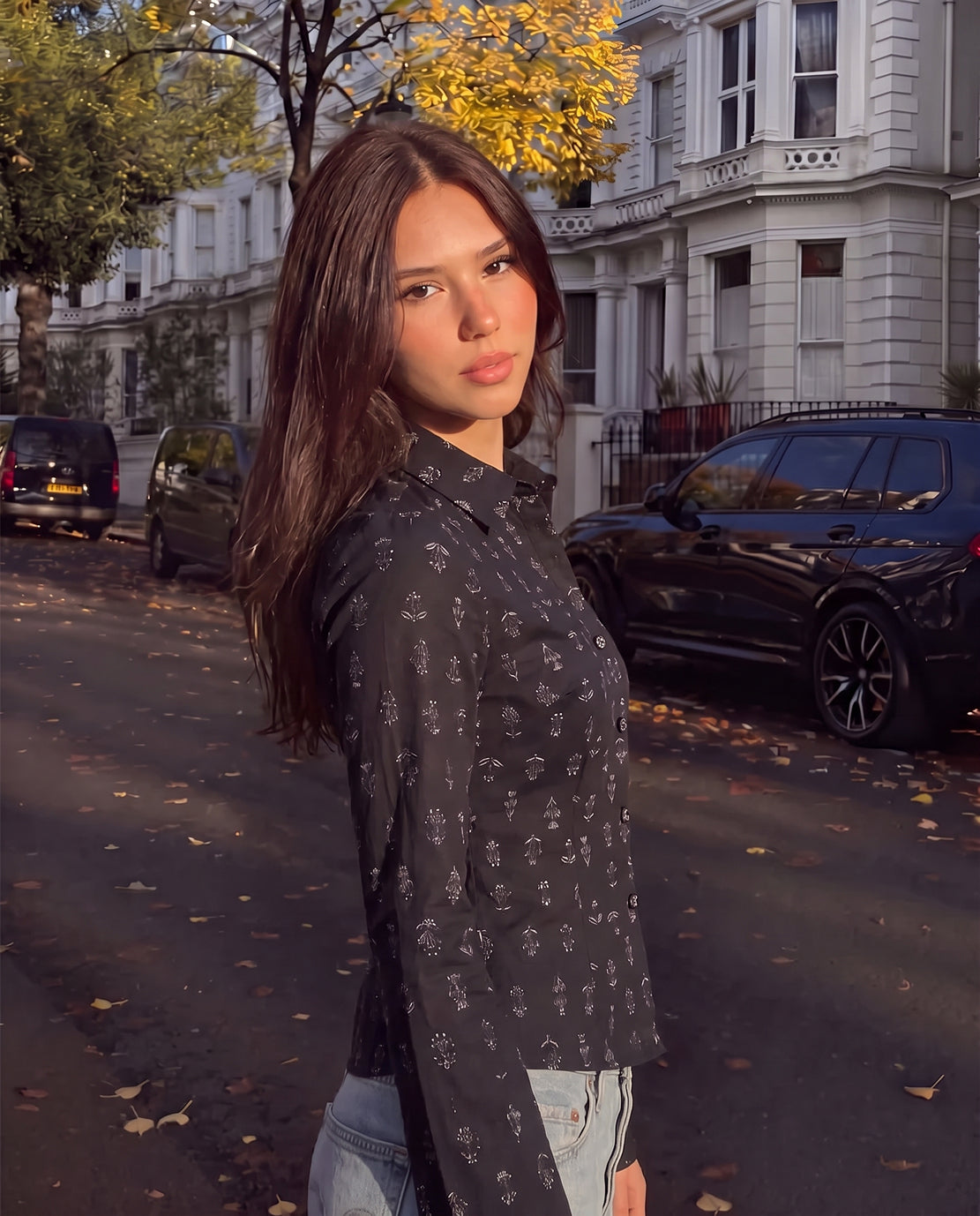 Floral Print Flared Sleeve Fitted Shirt