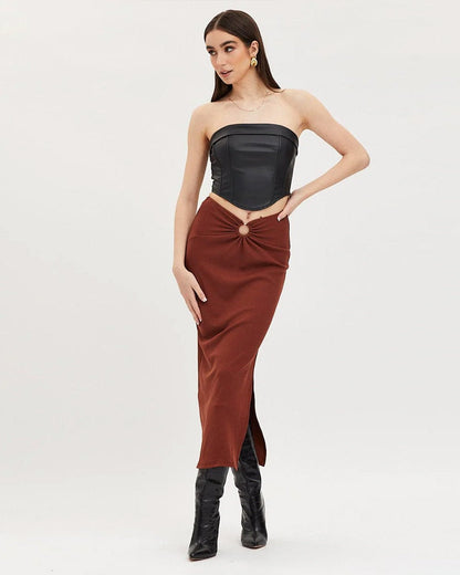 ribbed-slit-ring-detail-slit-skirt-brown-oy1514,25010014GG72,bottomwear,skirts,party,glam, streetwear,knitted,ribbed,brown,skinny fit,slit,midi,mid rise,Color: Brown
Fabric: Ribbed
Fit: Slim Fit
Type: Slit Skirt
Length: Midi
Waist: Mid Rise
Closure: Elasticated
Print: Solid
Detail: Ring in the centre front gives a snatched waist look.,RIBBED SLIT RING DETAIL SLIT SKIRT