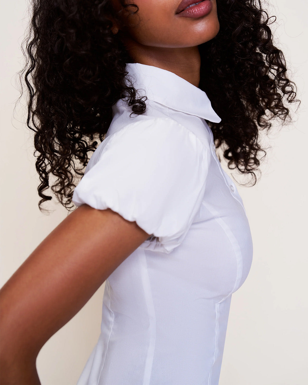 topwear,tops,casual, semi-formal,minimal, summer, timeless,woven,cotton,white,solid,ruched,button,slim fit,waist length,straight hem,collared,puff sleeves,short sleeves, OY1905 - White, 25060018GG