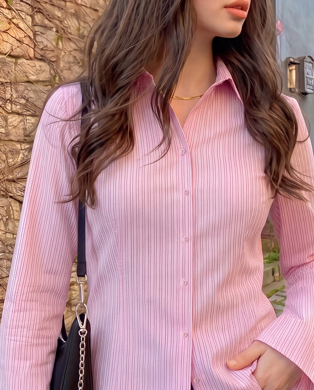 Pink Pinstripe Flared Sleeve Fitted Shirt