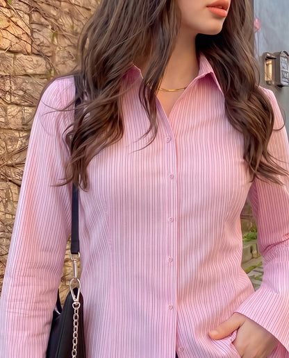 Pink Pinstripe Flared Sleeve Fitted Shirt