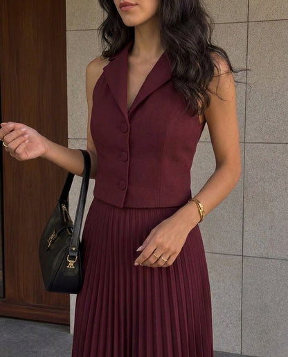 Pleated Skirt and Top Co-Ord Set - Maroon