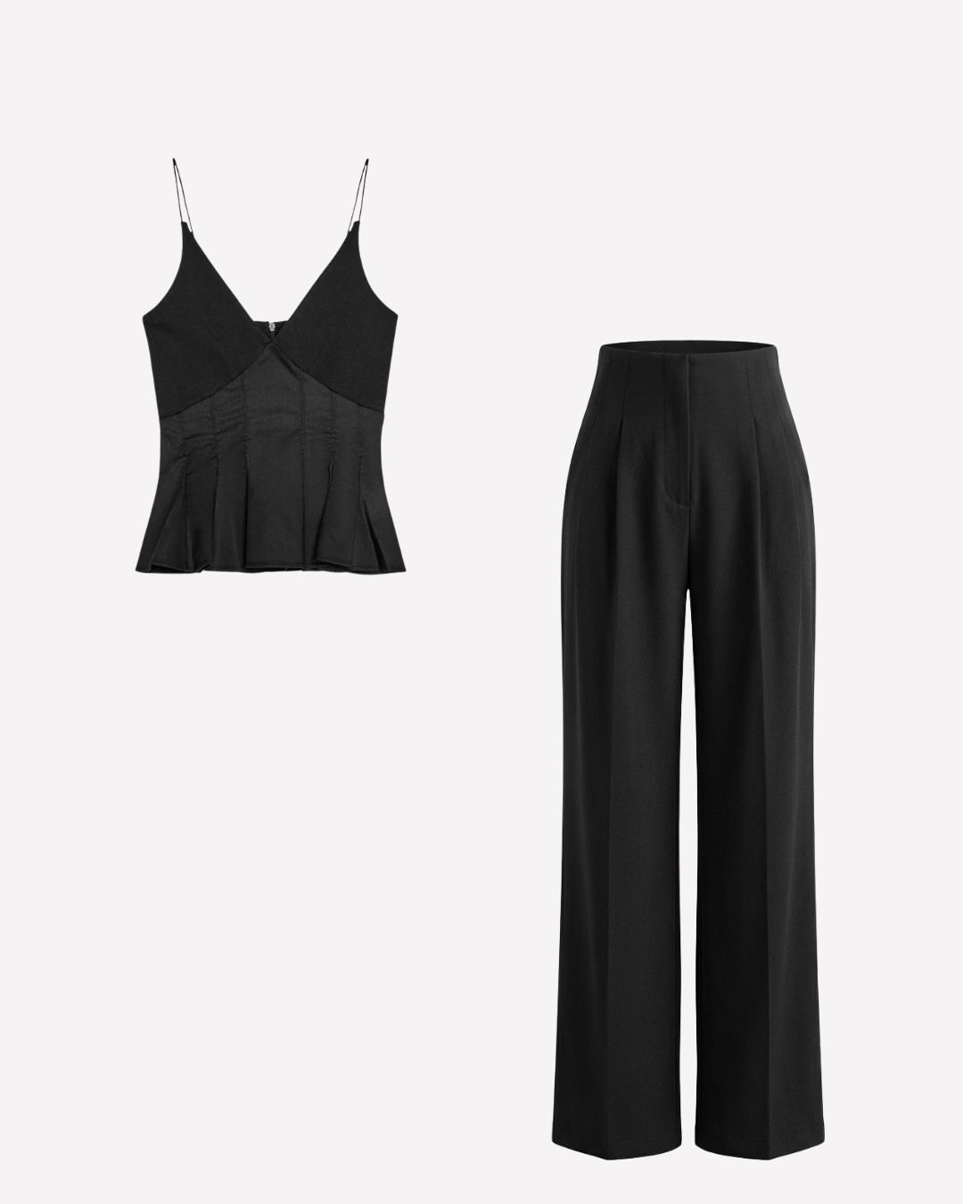 Black Spaghetti Cotton Top and Smocked Detail Korean Trousers