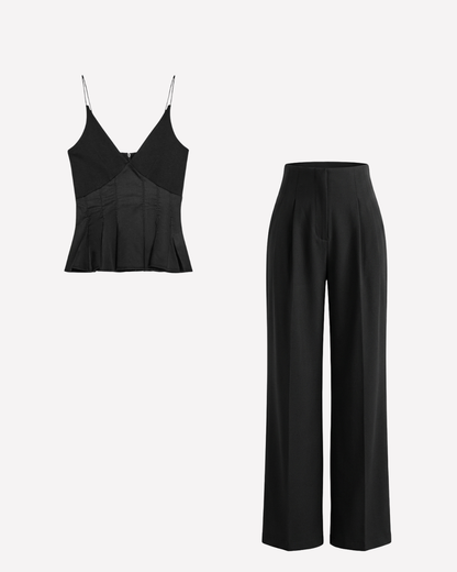 Black Spaghetti Cotton Top and Smocked Detail Korean Trousers