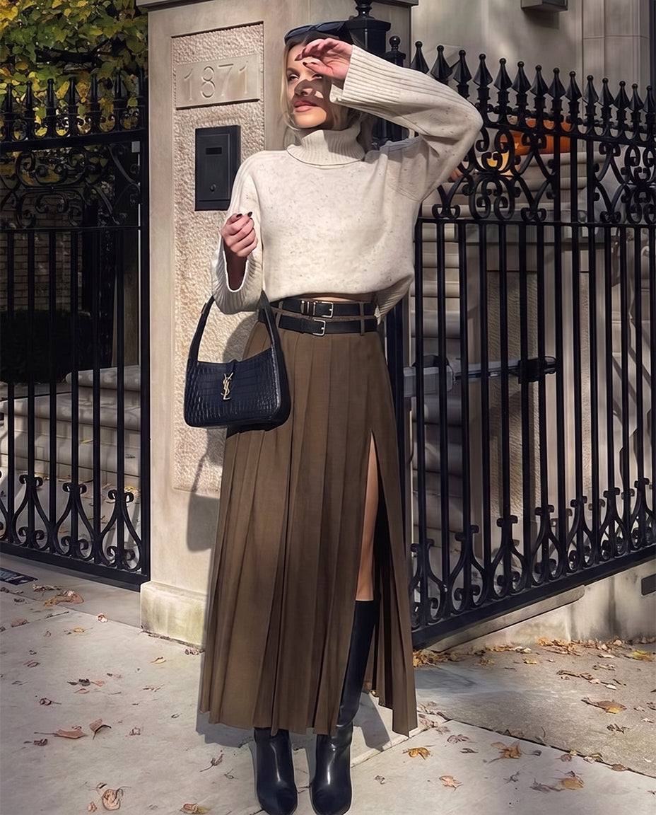 Pleated Slit Skirt With Detachable Belts - Brown