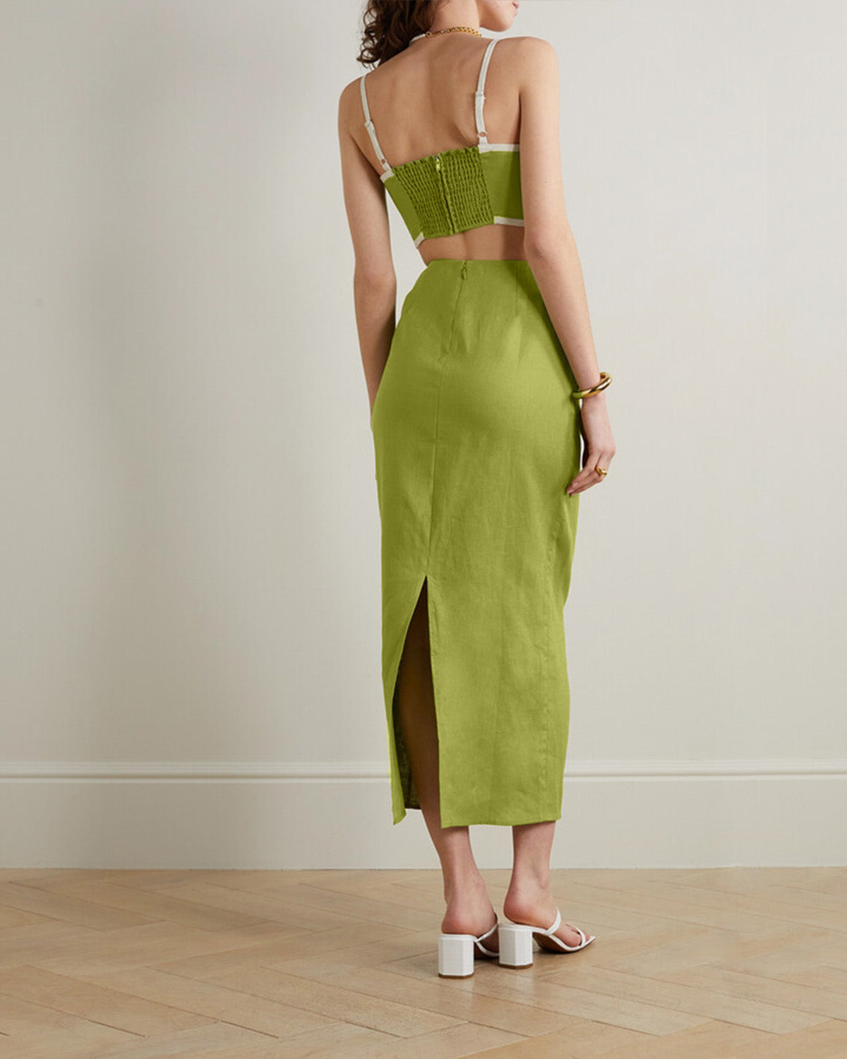 coord sets,bottomwear, topwear,casual, outdoor events,sophisticated, summer, timeless, urban fit,knitted,cotton slub,lime green,solid,contrast,zipper,tailored fit top,crop top,crop top,slit back hem,square neck,shoulder strap,sleeveless,zipper,skirts,pencil skirt,mini,high rise waist,25040017GG OY1403