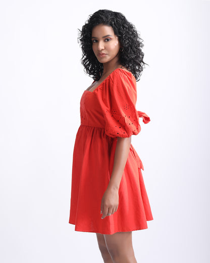 SCHIFFLI PUFF SLEEVES MINI DRESS,above knee, cotton, dresses, fit and flare, puff sleeves, red, regular fit, schiffli, short sleeves, solid, square neck, straight, summer, textured, vacation, woven,schiffli-puff-sleeves-mini-dress-red,Color- Red
Neck- Square Neck
Type- Fit &amp; Flare
Sleeve- Puff Sleeves
Fit- Regular Fit
Print/Pattern- Solid
Length- Mini
Fabric- Cotton
Closure- Tie Knot Back
Detail- Schiffli Embroidery