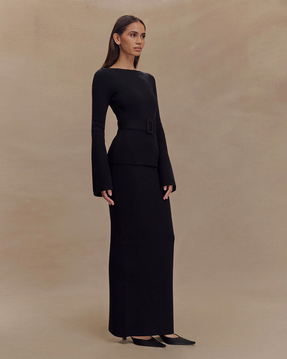 coord sets,bottomwear, topwear,casual chic, vacation, outdoor events, minimal, summer, urban fit,knitted,ribbed,,black,solid,buckle, fabric belt,slim fit top,fitted top,waist length top,straight hem,boat neck,no straps,long sleeves,full sleeves,slip on,skirts,pencil skirt,full length,straight hem,mid rise waist,no pockets, OY2174, 25080006GG