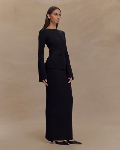 coord sets,bottomwear, topwear,casual chic, vacation, outdoor events, minimal, summer, urban fit,knitted,ribbed,,black,solid,buckle, fabric belt,slim fit top,fitted top,waist length top,straight hem,boat neck,no straps,long sleeves,full sleeves,slip on,skirts,pencil skirt,full length,straight hem,mid rise waist,no pockets, OY2174, 25080006GG