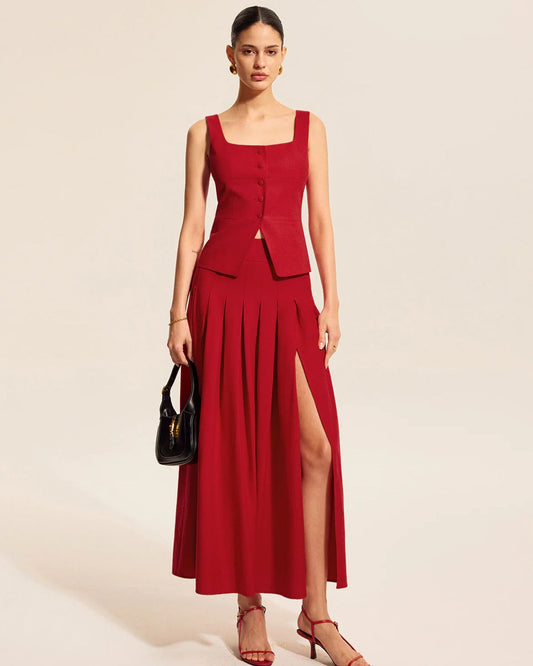 coord sets,bottomwear, topwear,casual, casual chic, outdoor events,bold, genz fit, sophisticated, summer, urban fit,woven,cotton twill,red,solid,panelling, pleated,button, zipper,tailored fit top,vest,waist length top,slit hem,square neck,shoulder strap,no sleeves,sleeveless,button down top,skirts,pleated skirt,midi skirt,slit hem,mid rise waist,no pockets
OY3047,	25070019GG