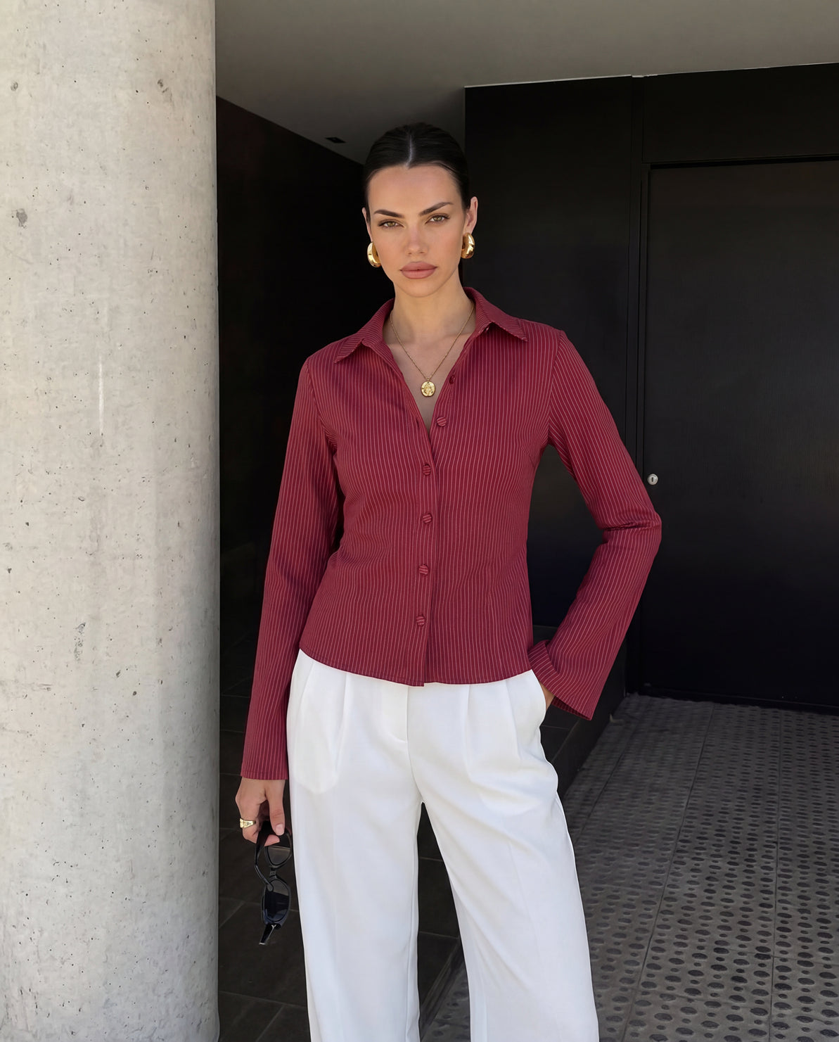Flared Sleeve Fitted Shirt - Red