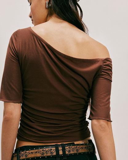 one-shoulder-drop-top-in-brown-brown-oy1506,25010006GG52,topwear,tops,casual,glam, streetwear,knitted,ribbed,brown,solid,slim fit,fitted,regular,one shoulder,short sleeves,Color: Brown
Fabric: Ribbed
Fit: Slim Fit 
Length: Regular
Neck: Asymmetric Neck
Sleeve: Short Sleeves
Print: Solid
Detail: One shoulder down ,ONE SHOULDER DROP TOP IN BROWN