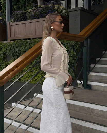 Ruffled Tie Front Flared Sleeve Top - Ivory