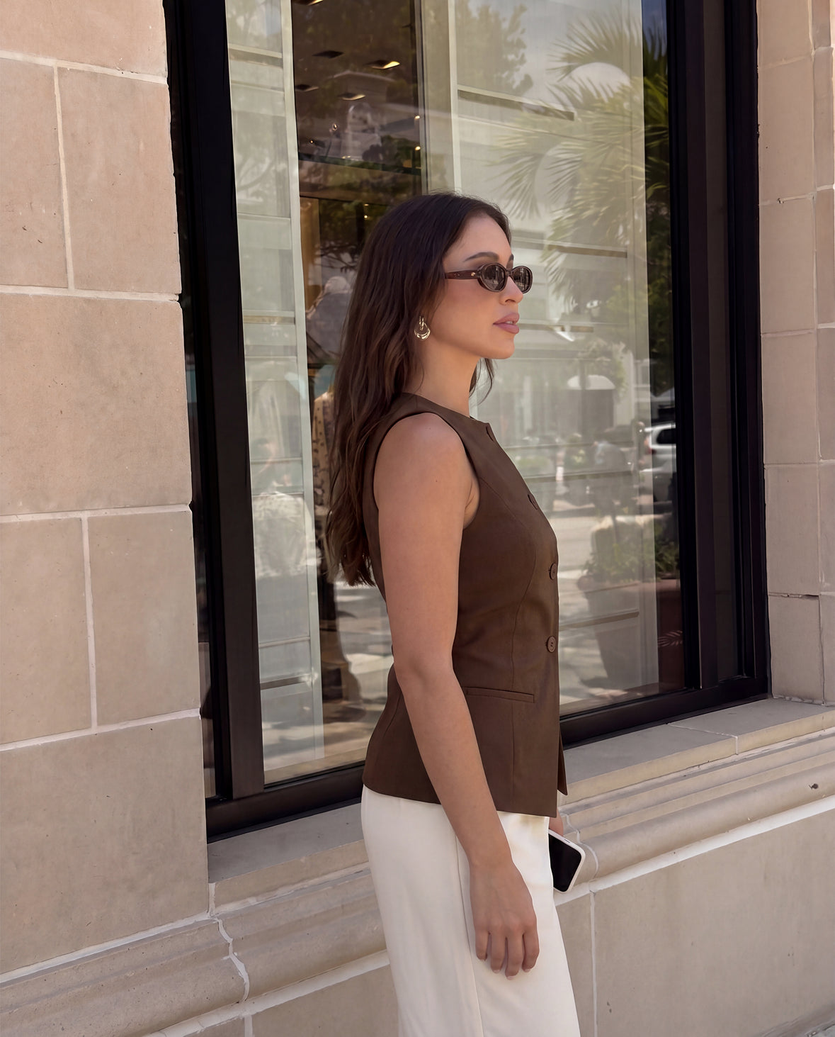 Boat Neck Slit Waist Coat - Brown