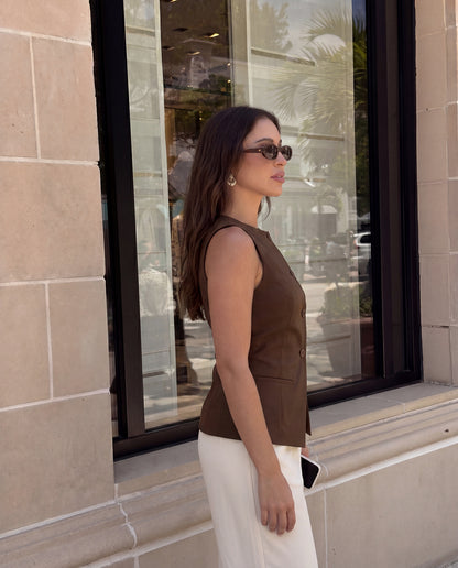 Boat Neck Slit Waist Coat - Brown