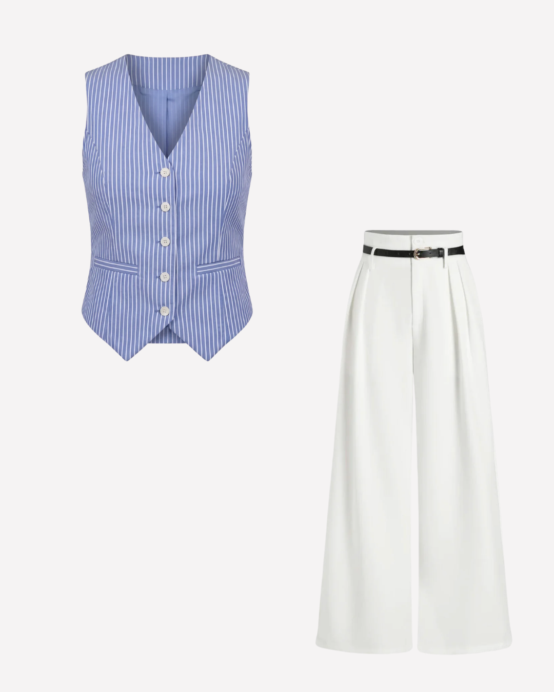 Pinstripes Blue Cotton Waistcoat and White Pleated Pants With Belt