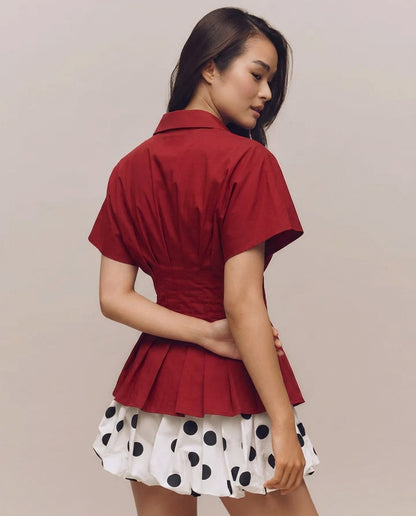 Pleated Cinched Waist Cotton Shirt - Burgundy