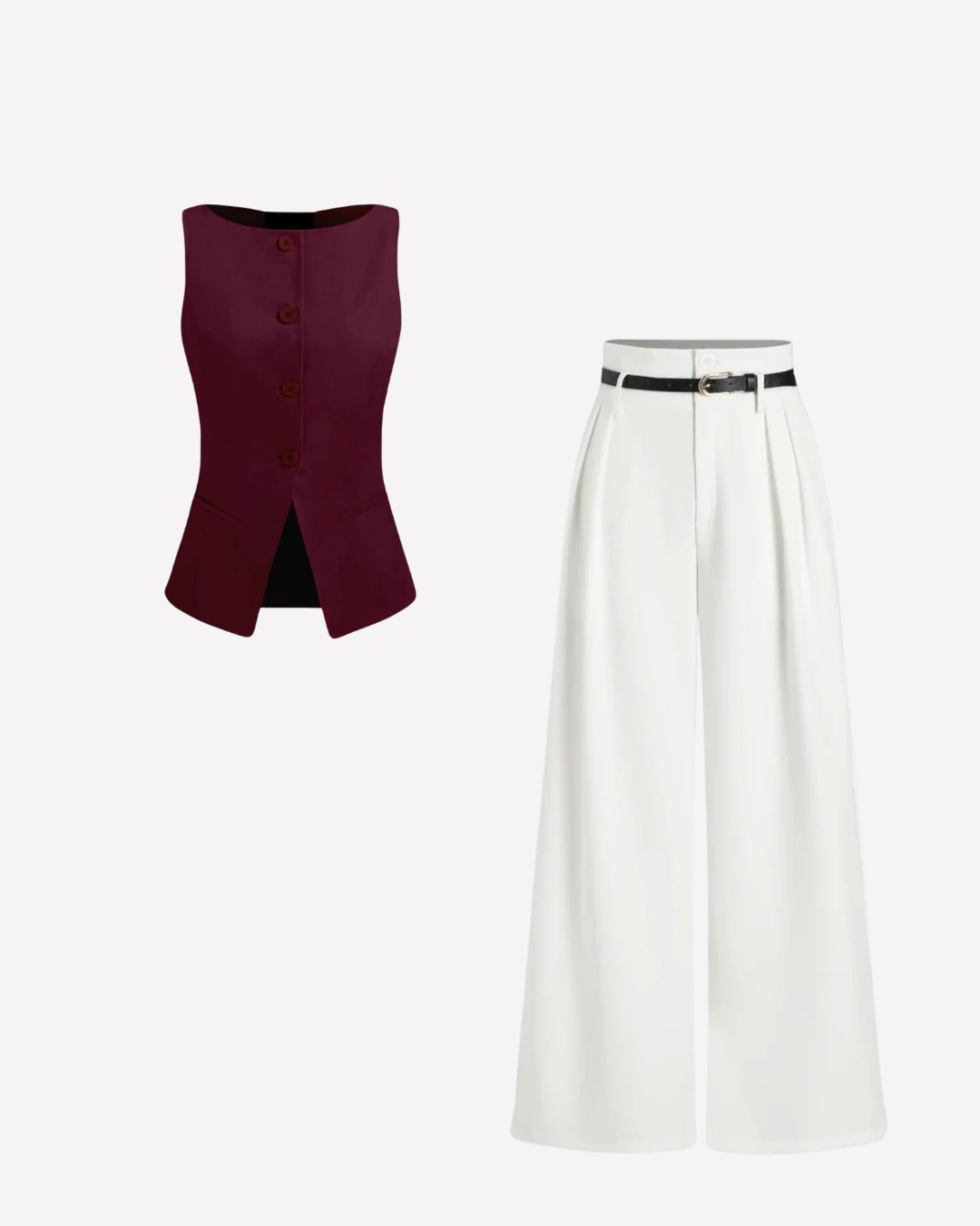 Burgundy Waist Coat and White Pleated Pants with Belt