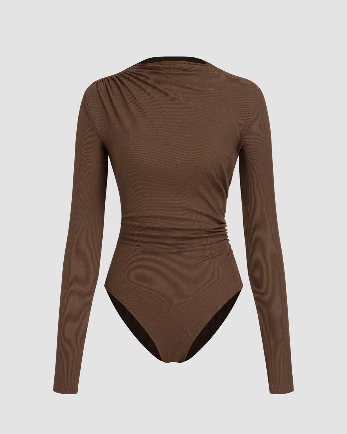 Brown Ribbed Ruched Bodysuit