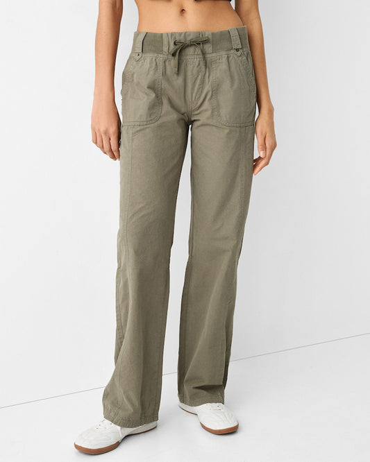 bottomwear,trousers,casual,streetwear,woven,cotton,olive,patch pocket,straight fit,straight,full length,mid rise,ribbed-waist-straight-fit-trouser-olive,Color: Olive
Fabric: Cotton
Fit: Straight Fit 
Length: Full Length
Waist: Mid Rise
Closure: Drawstring
No. of Pockets: 4
Print: Solid
Details: Features a high-rise elastic waistband with an adjustable drawstring for a comfortable, customizable fit.,RIBBED WAIST STRAIGHT FIT TROUSER