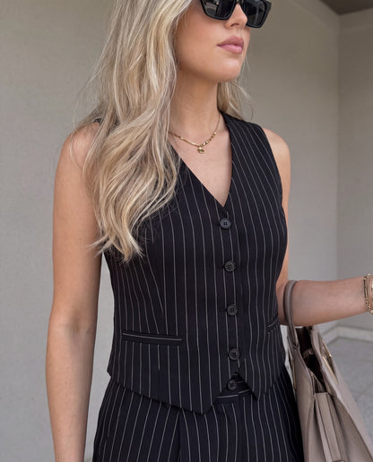 Pinstripe Vest and Wide-Leg Trousers Suit Set