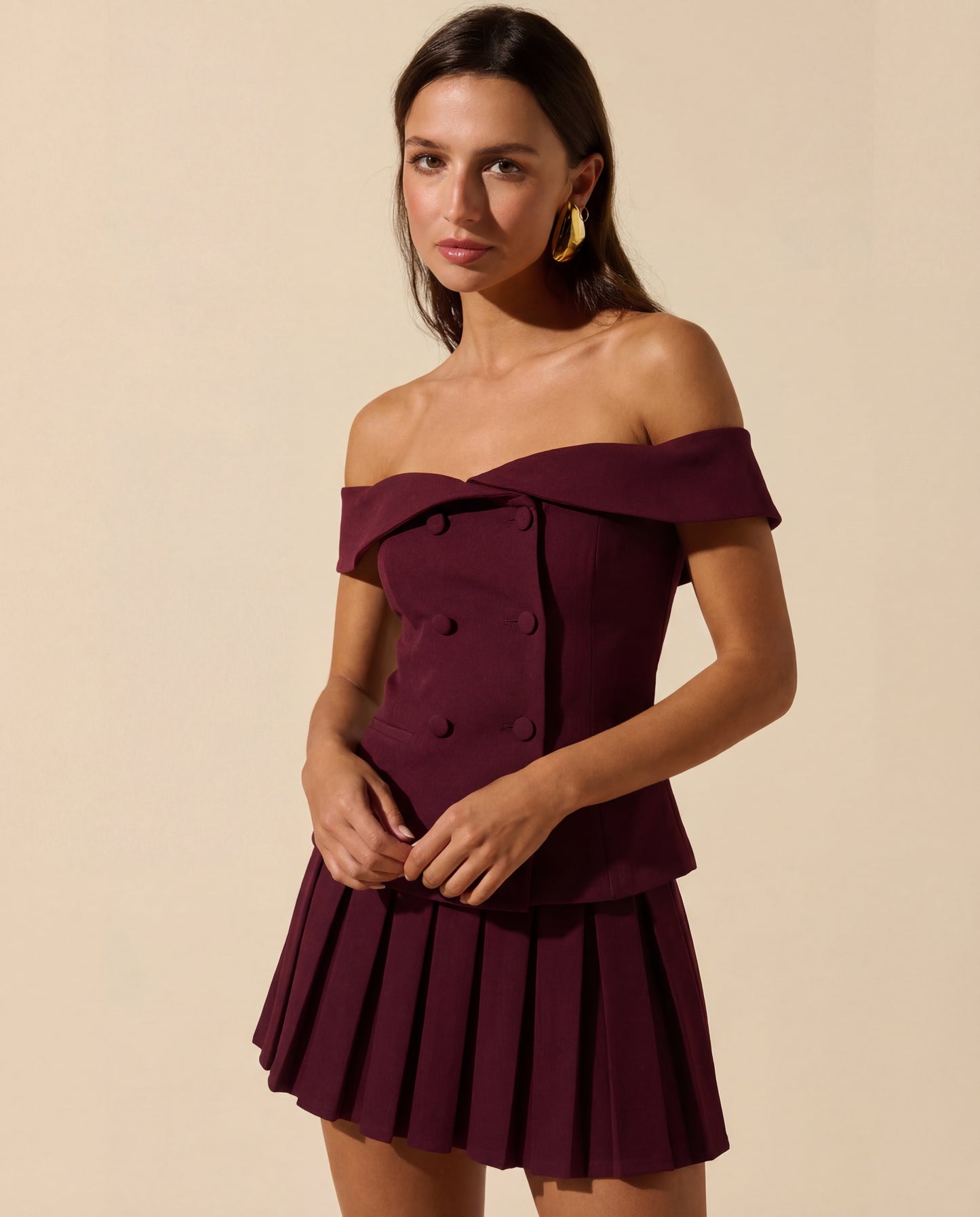 Off Shoulder Top And Pleated Skirt Set