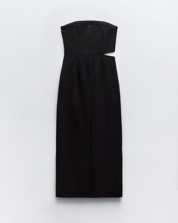 black strapless midi dress with slit Strapless Midi Dress with Beaded Floral Bodice 45640