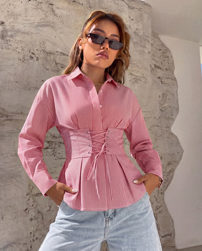 Corset Waist Laceup Shirt - Red