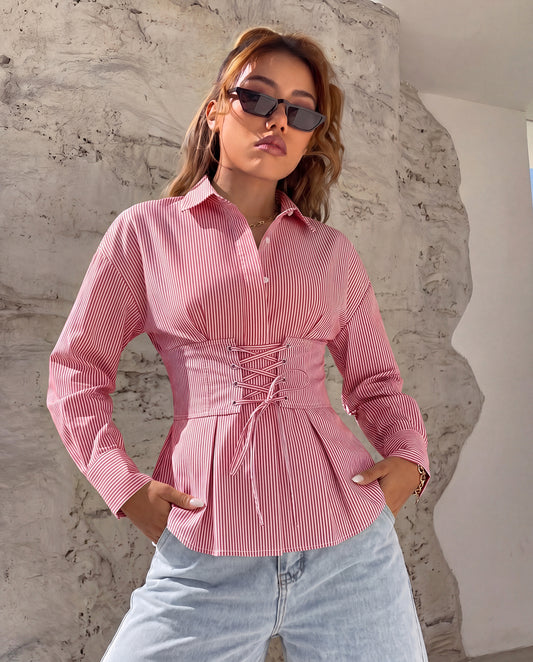 Corset Waist Laceup Shirt - Red