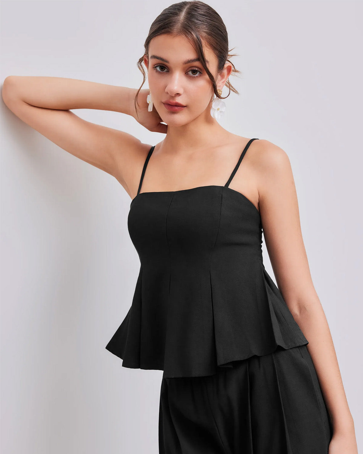topwear,tops,casual, vacation, outdoor events,minimal, sophisticated, summer,woven,cotton twill,black,solid,pleated,tailored fit,fit and flare,waist length,straight hem,cami neck,spaghetti strap,sleeveless	OY1919, 25060024GG