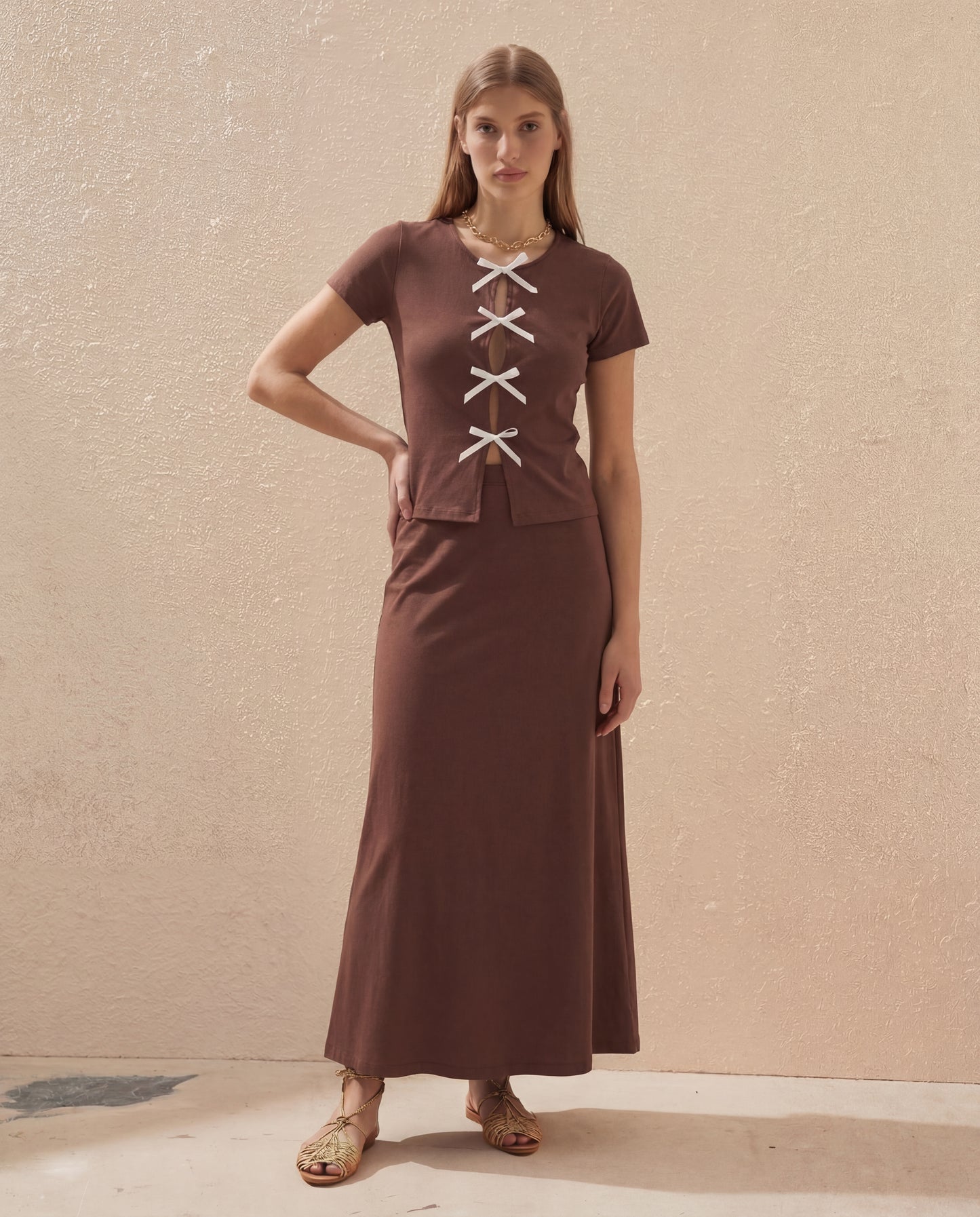Brown Ribbed Bow Top And Skirt Set