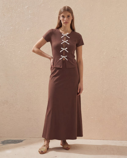 Brown Ribbed Bow Top And Skirt Set