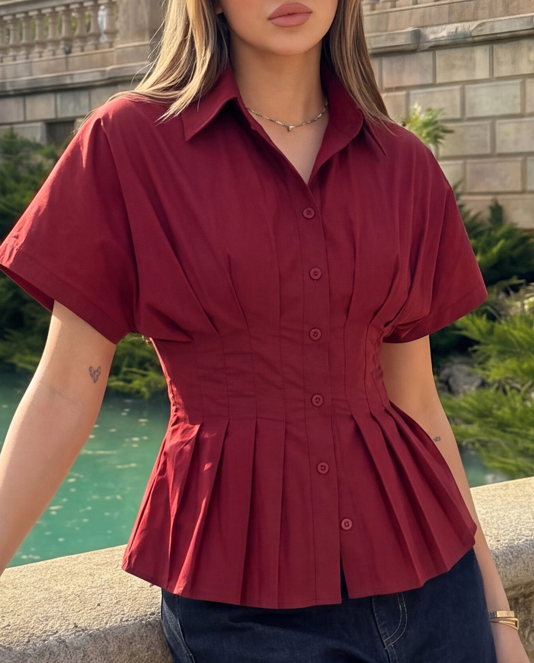 Pleated Cinched Waist Cotton Shirt - Burgundy