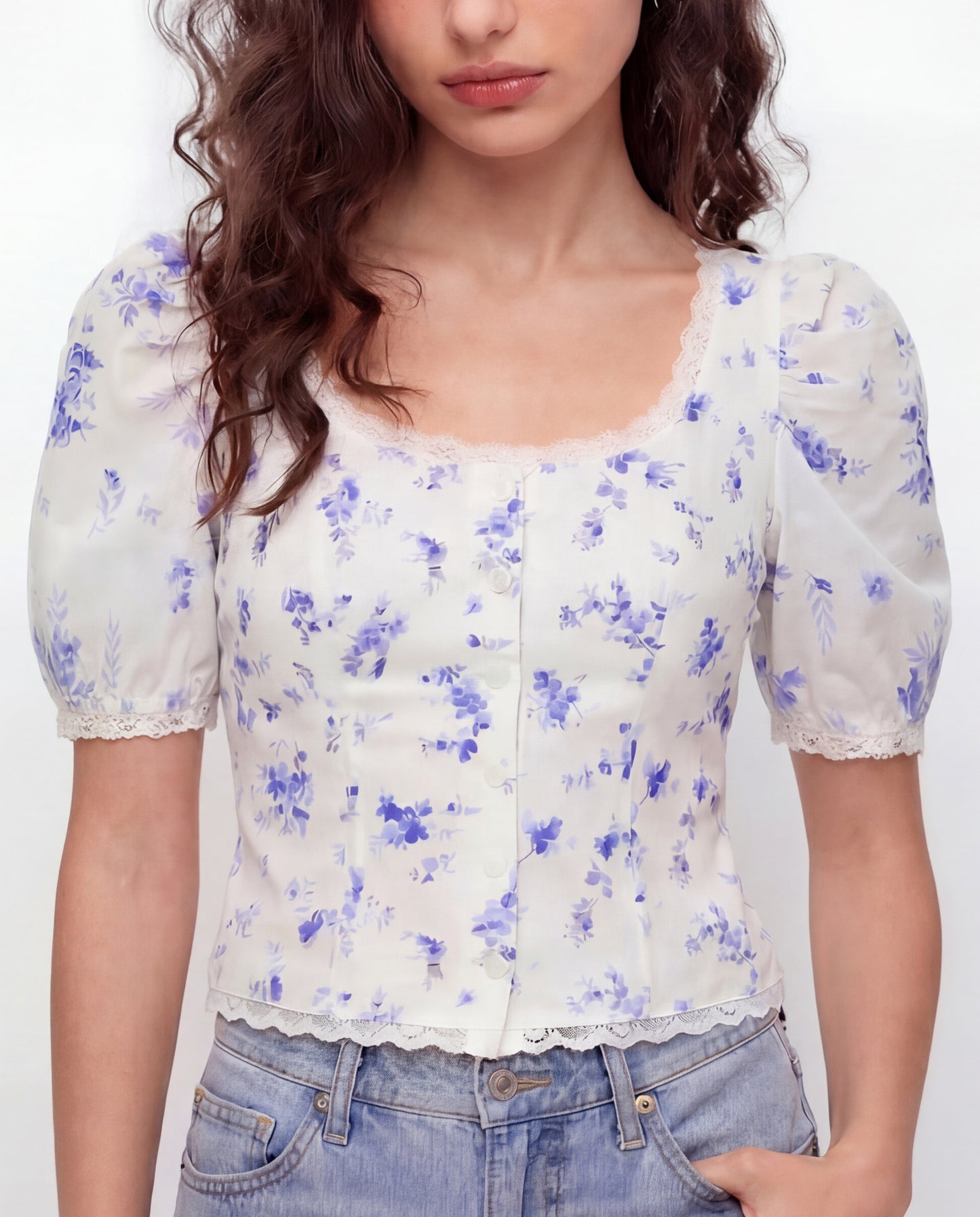 White Florals Lace-Trim Fitted Button-Up Top