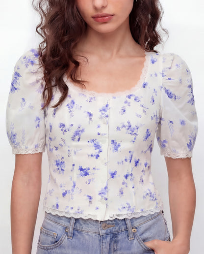 White Florals Lace-Trim Fitted Button-Up Top