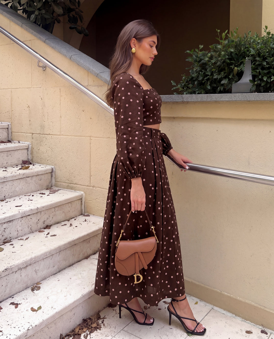Mocha Brown Polka Co-Ord Set with Billowy Silhoutte