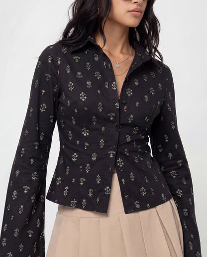 Botanical Print Fitted Shirt - Black