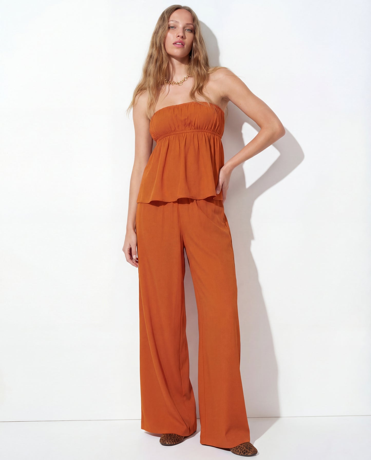 Burnt Orange Bandeau Top And Pants Co Ord Set