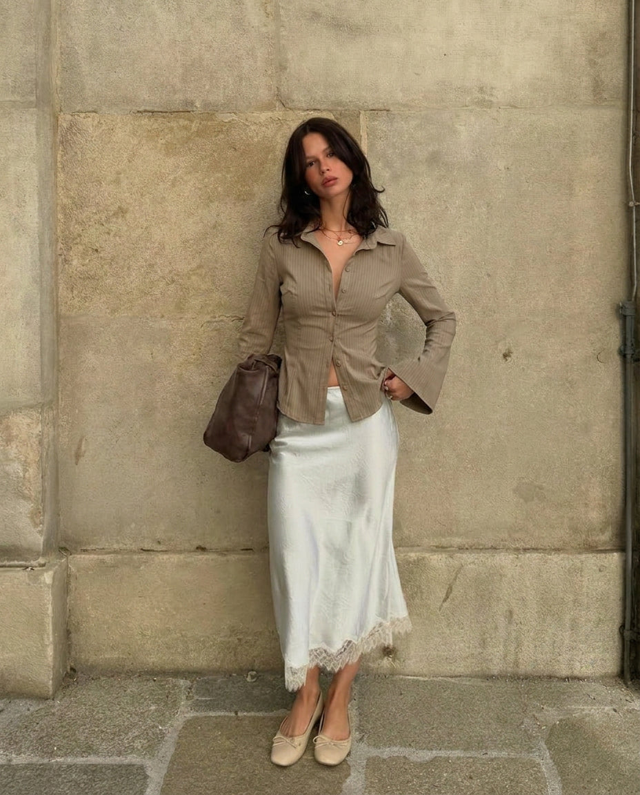 Pinstripes Flared Sleeves Shirt In Beige