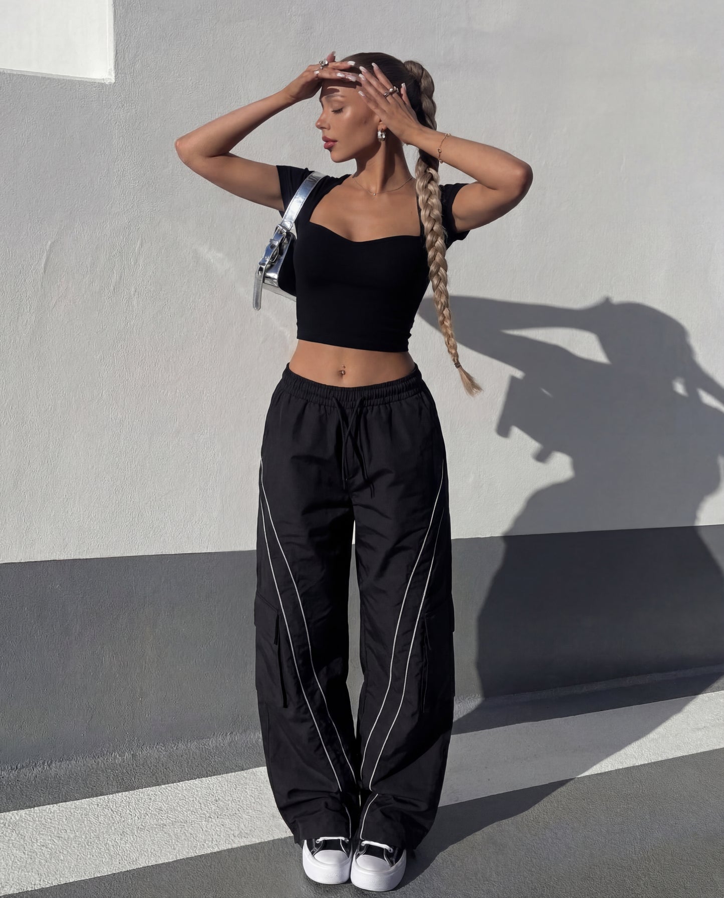 Sweet Heart Neckline Ribbed Top With Stripped Baggy Korean Pants